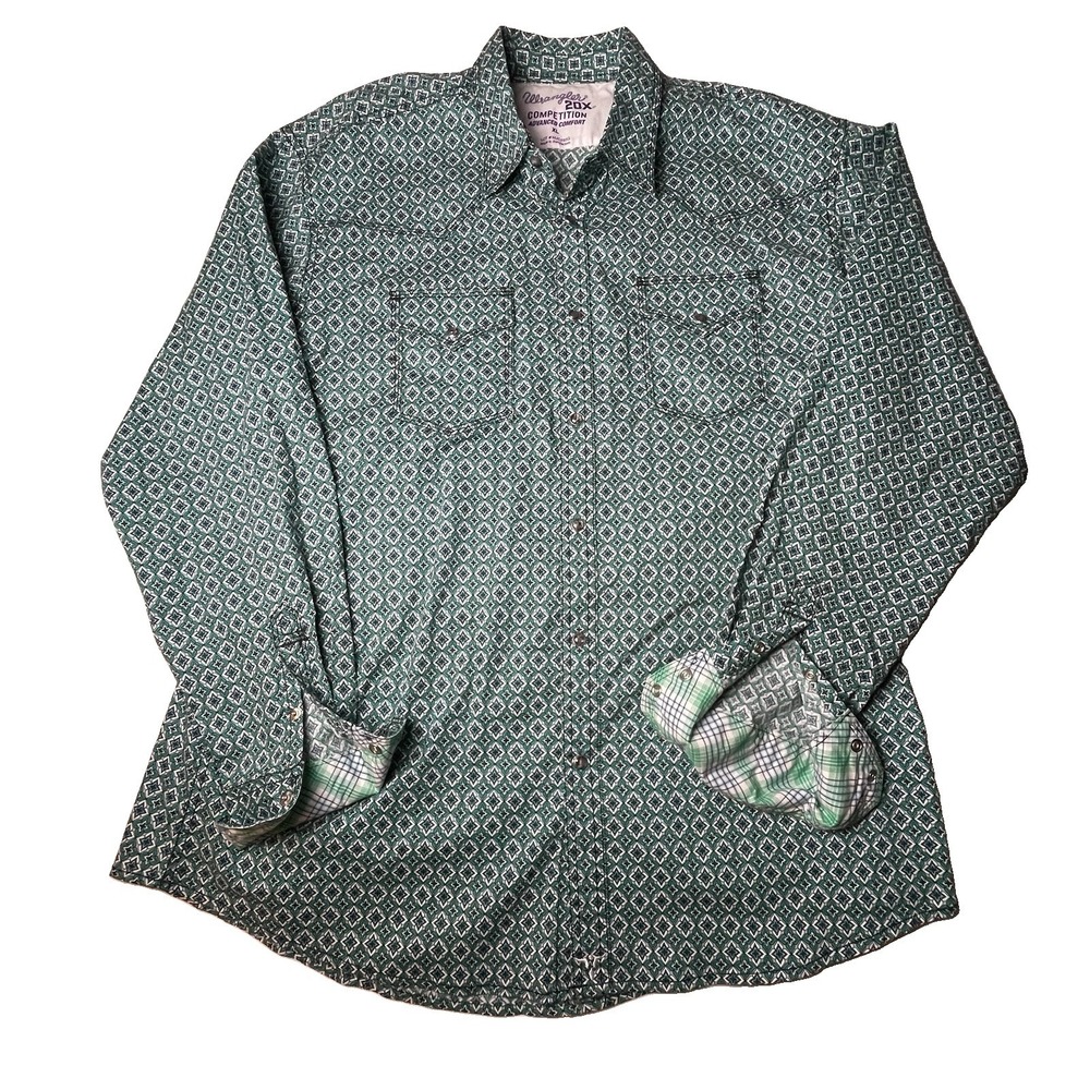 Wrangler 20X Competition Green Geometric Pattern Western Snap Shirt Mens XL